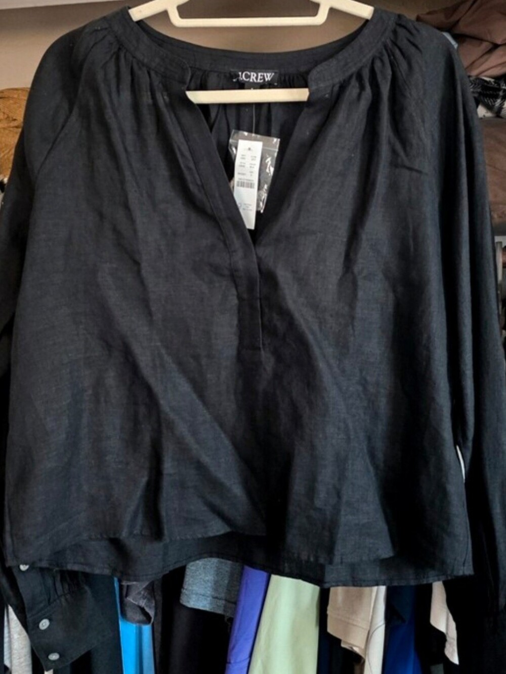 J.Crew black 100% linen Cabana top Open Placket V-neck Peasant
